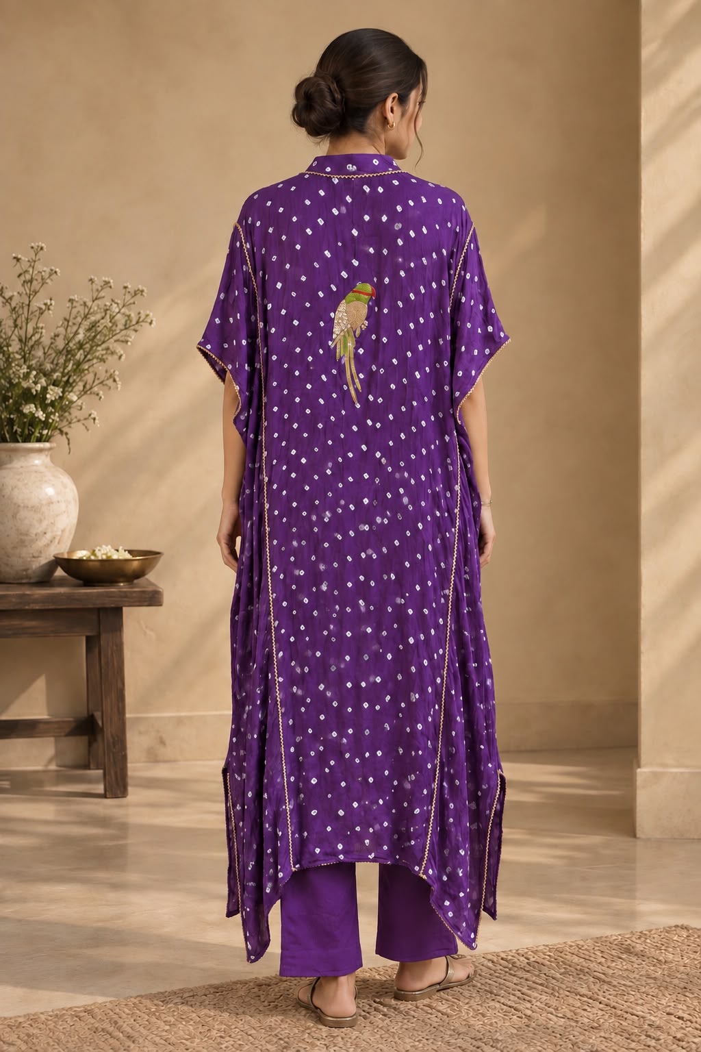 Pankhi purple Bandhani modal satin kaftan set - back view