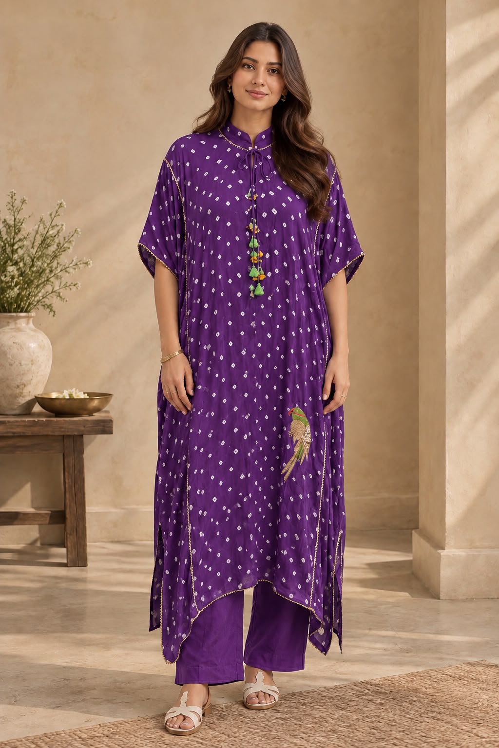 Pankhi purple Bandhani modal satin kaftan set - front view