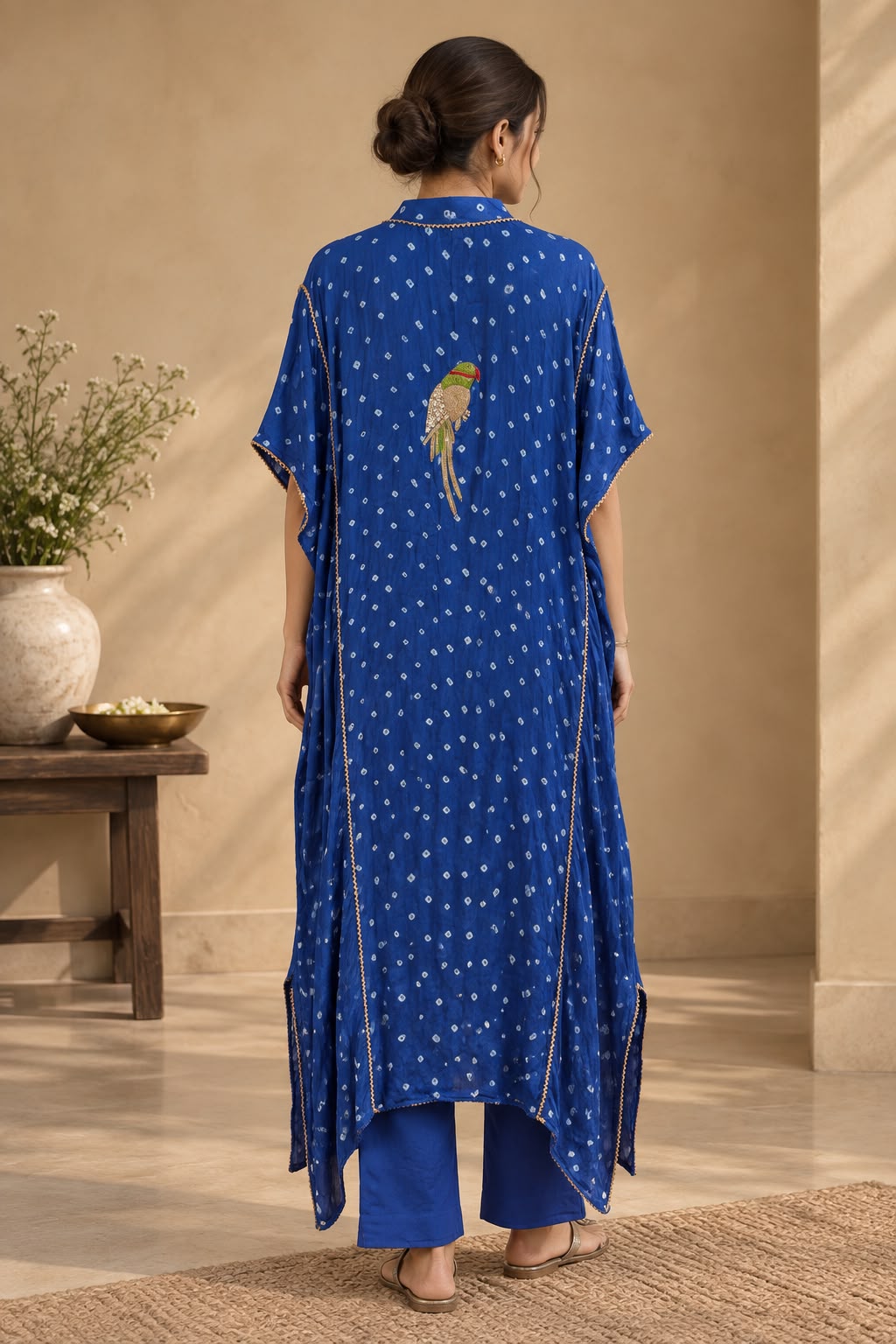 Pankhi royal blue Bandhani modal satin kaftan set - back view
