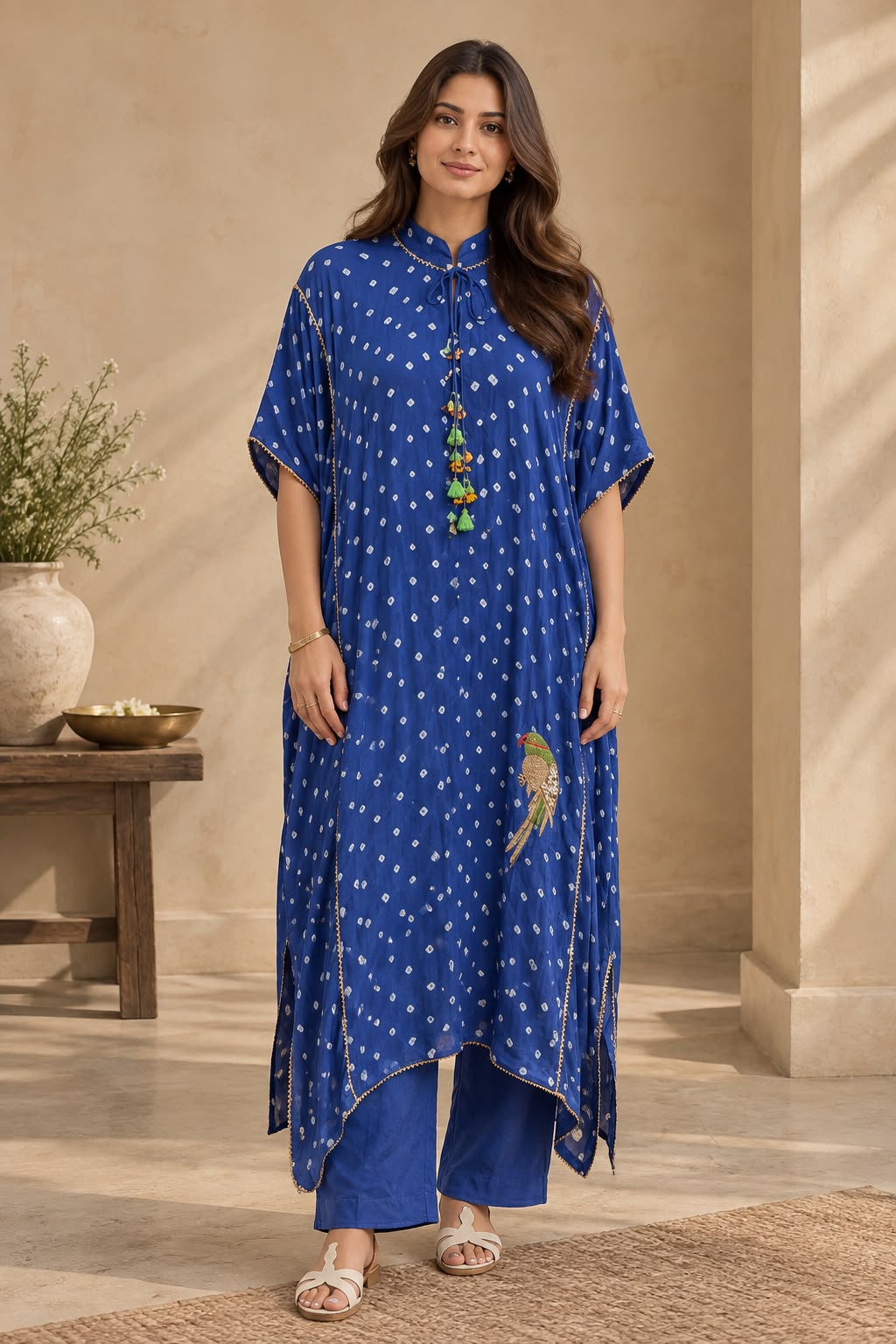 Pankhi royal blue Bandhani modal satin kaftan set - front view