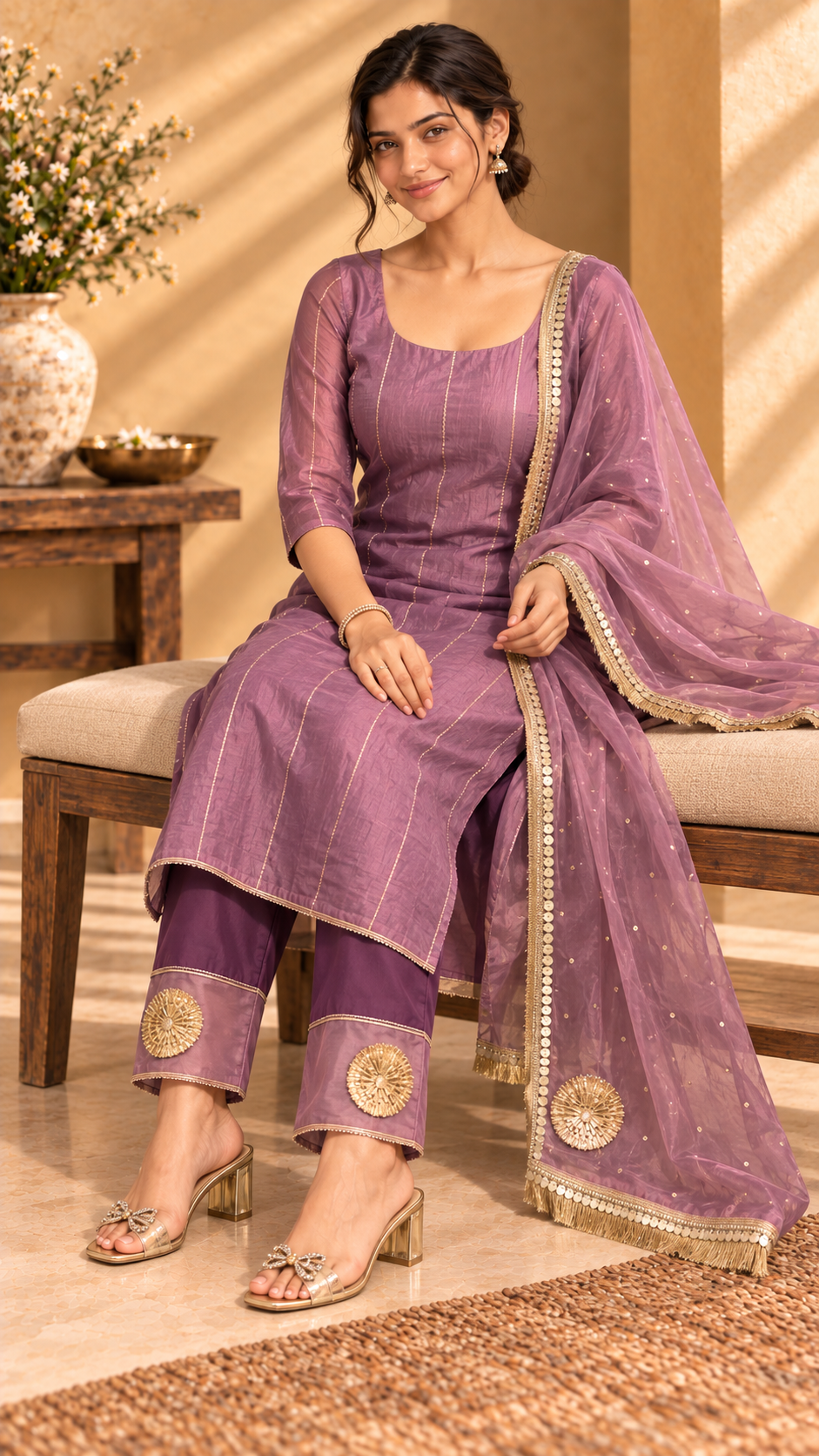 Paro onion-shade ombre Chanderi three-piece set - seated view