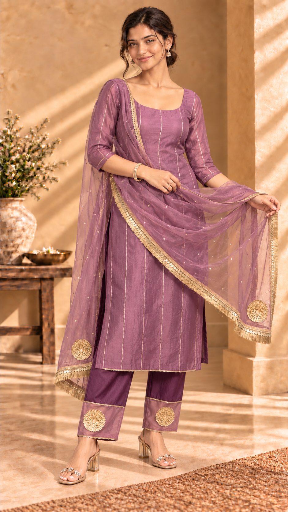 Paro onion-shade ombre Chanderi three-piece set - alternate standing view