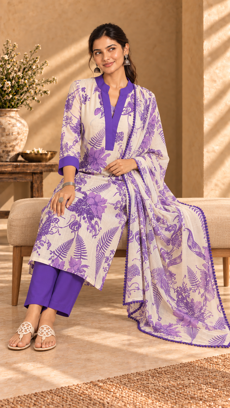 Raahat purple mul cotton three-piece suit - seated view