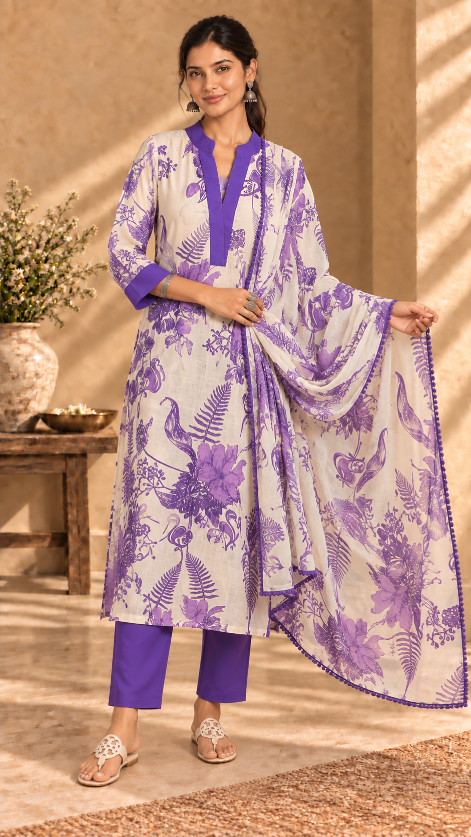 Raahat purple mul cotton three-piece suit - front view