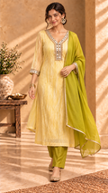 Roshni yellow organza three-piece set with mehendi green pants - front view