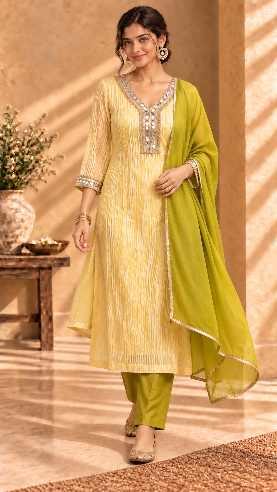 Roshni yellow organza three-piece set with mehendi green pants - front view