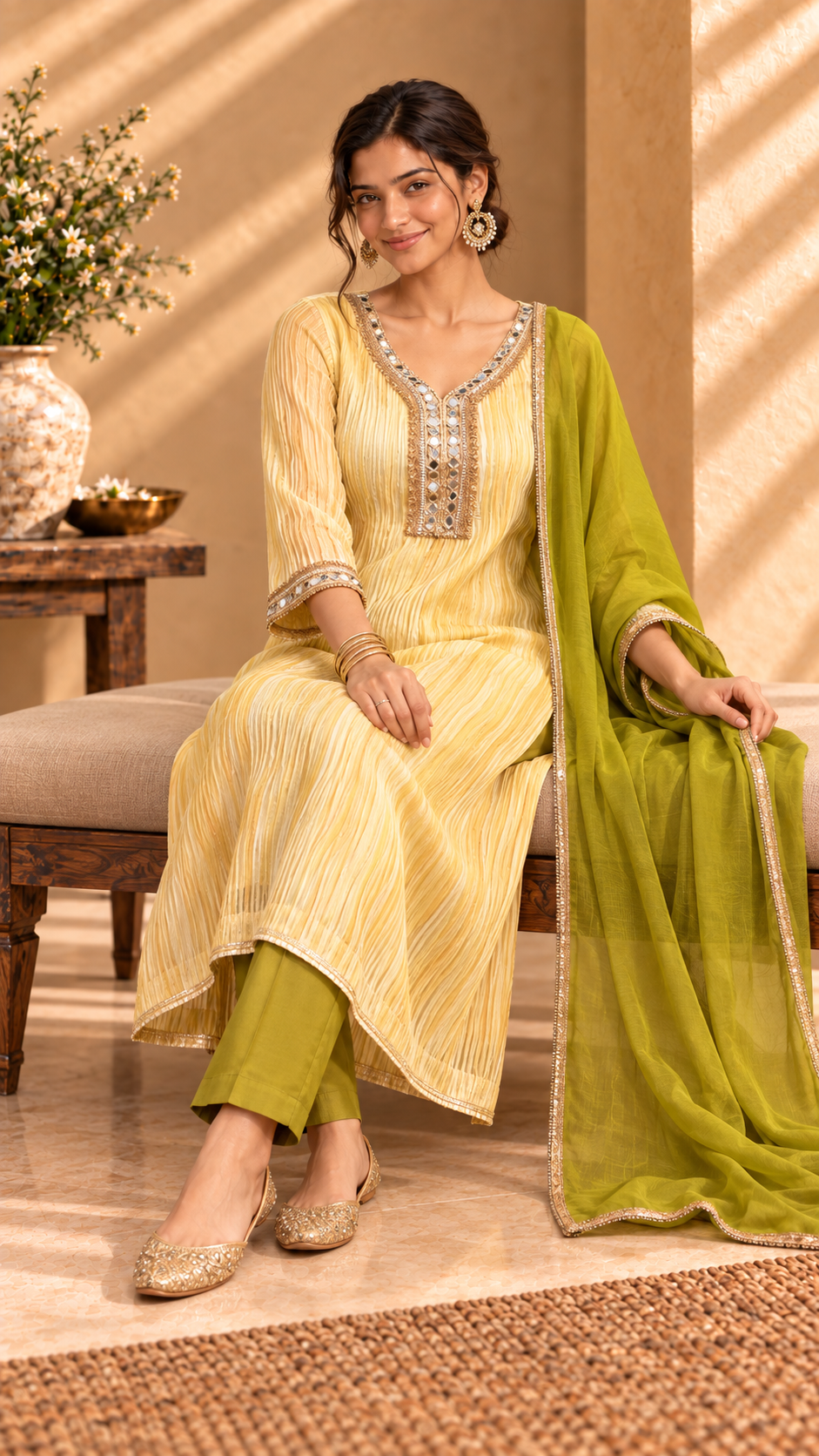Roshni yellow organza three-piece set with mehendi green pants - seated view