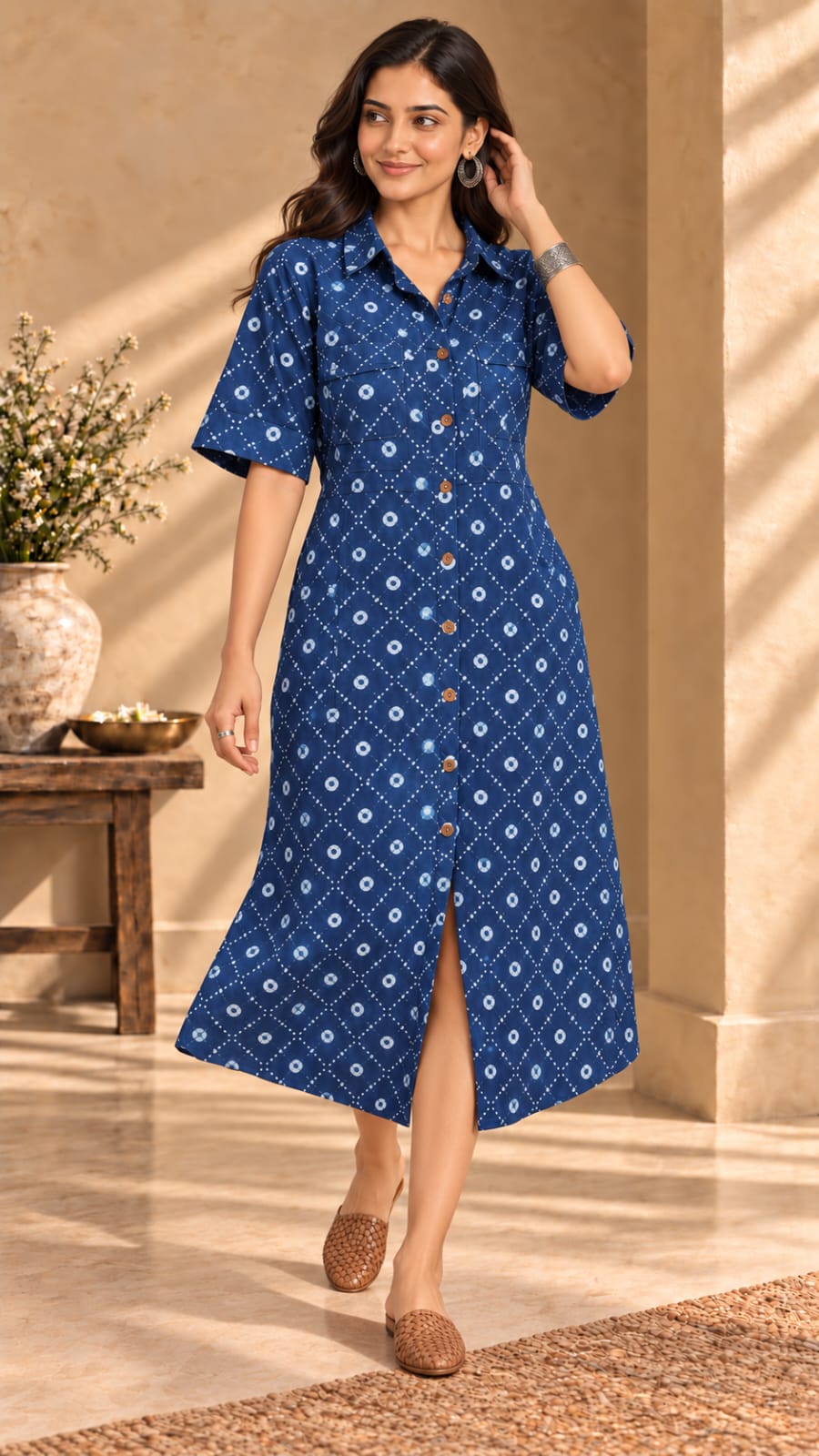 Sahiba blue cotton shirt dress - full front view