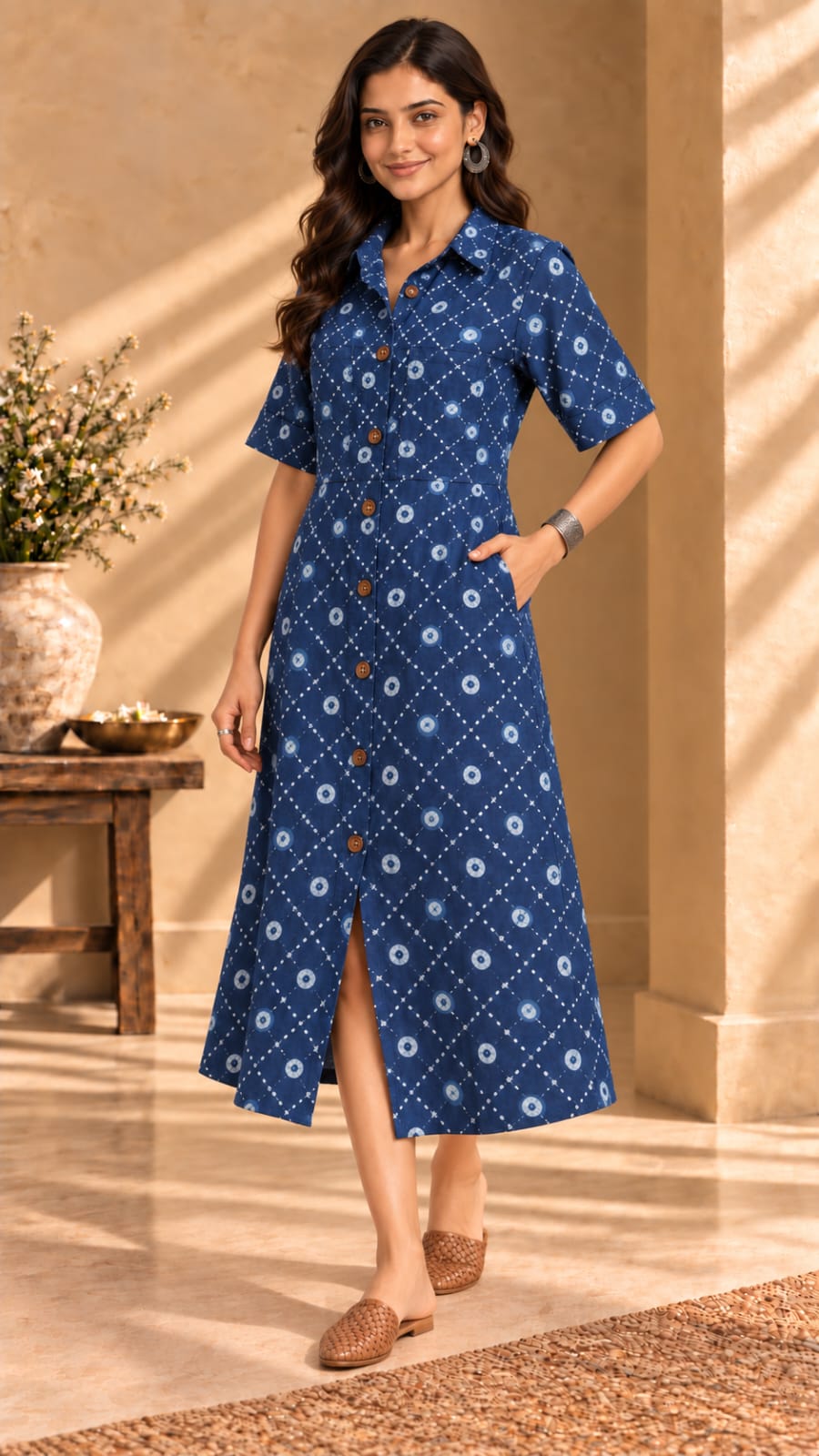Sahiba blue cotton shirt dress - alternate front view