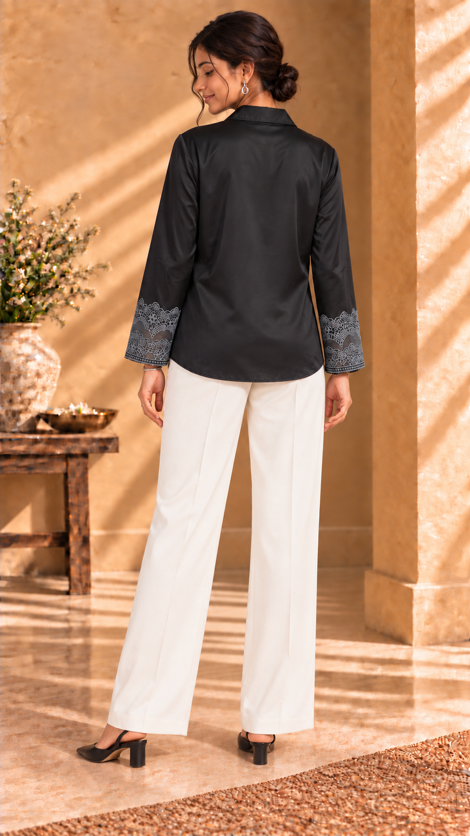 Sera black satin shirt with lace cuffs - back view