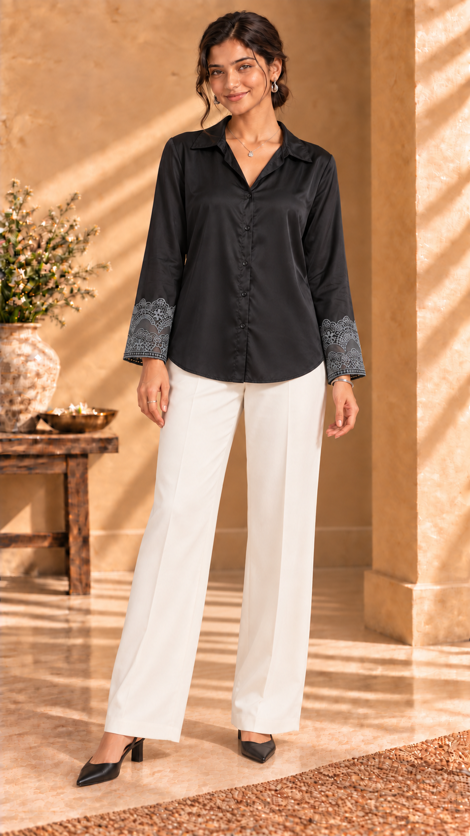 Sera black satin shirt with lace cuffs - front view