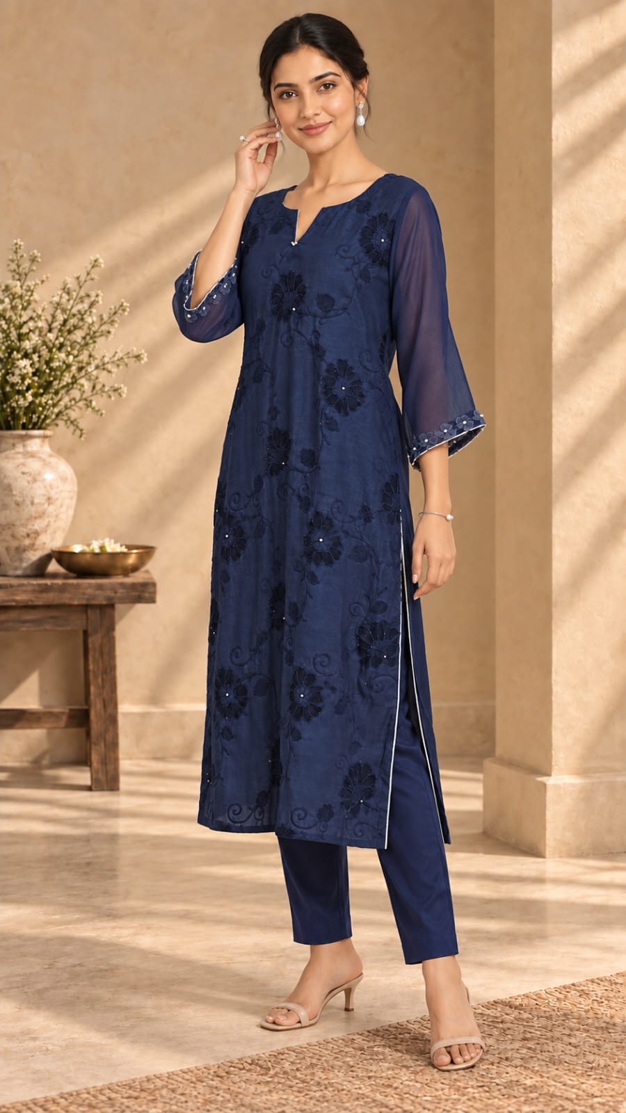 Shobha blue cutwork organza two-piece set angled view