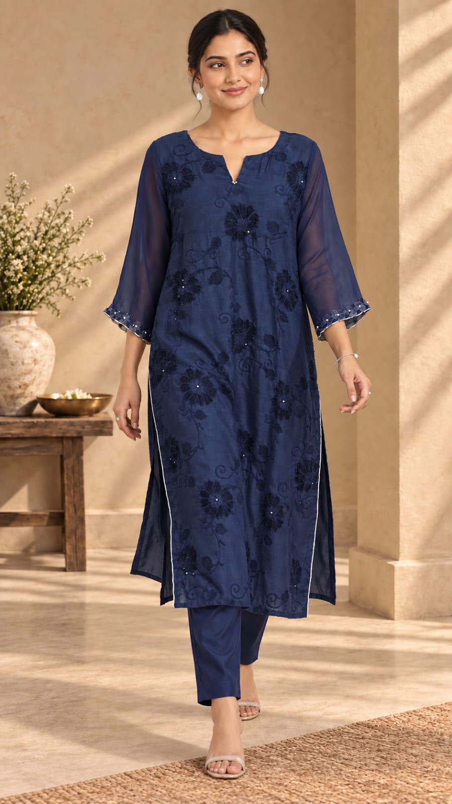 Shobha blue cutwork organza two-piece set walking view