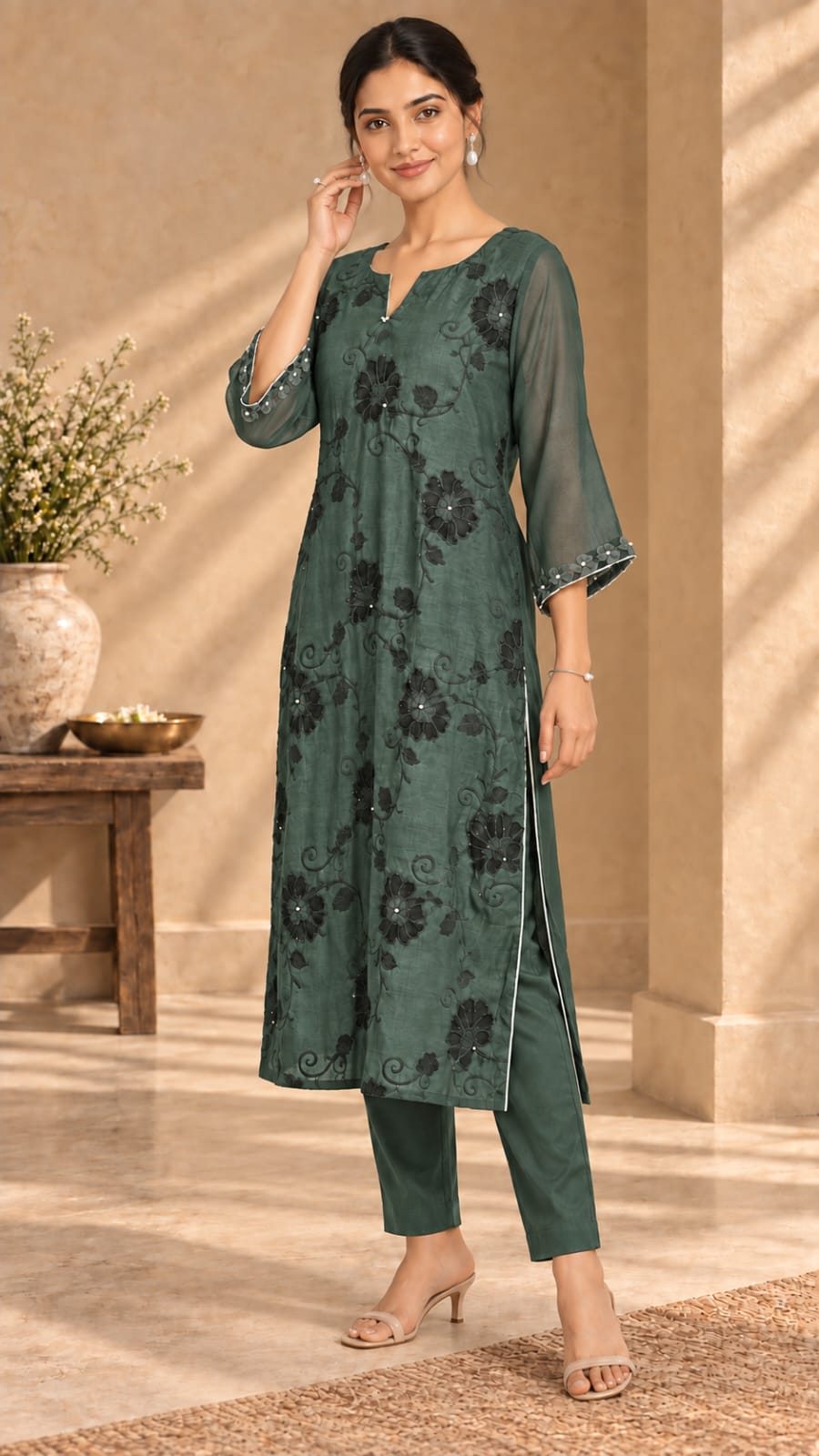 Shobha green two-piece suit set - front pose