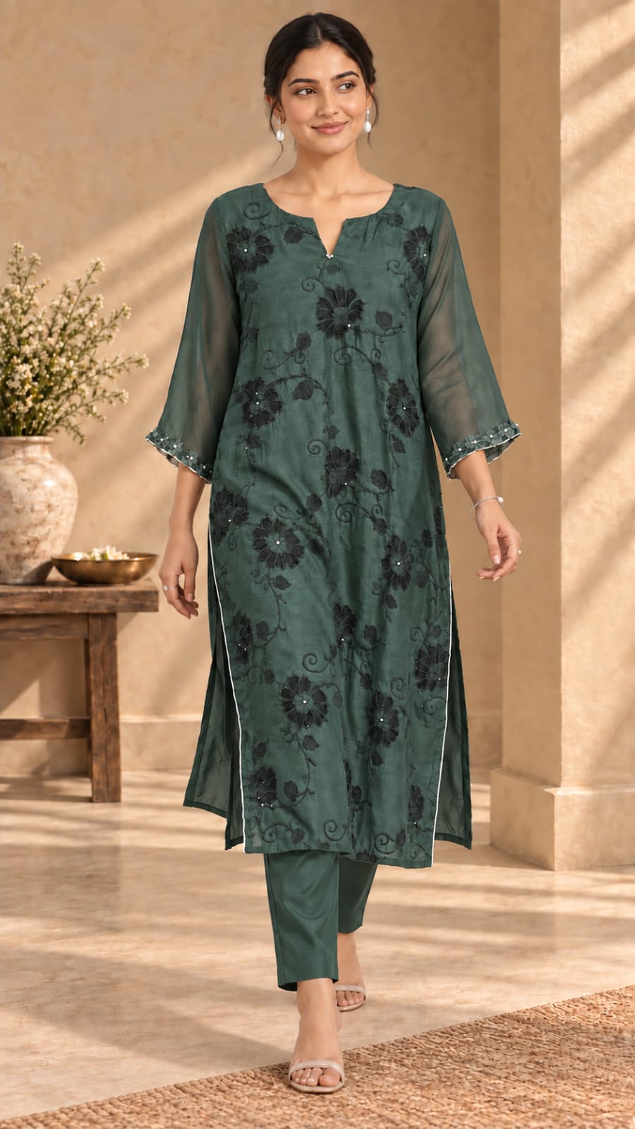 Shobha green two-piece suit set - walking pose