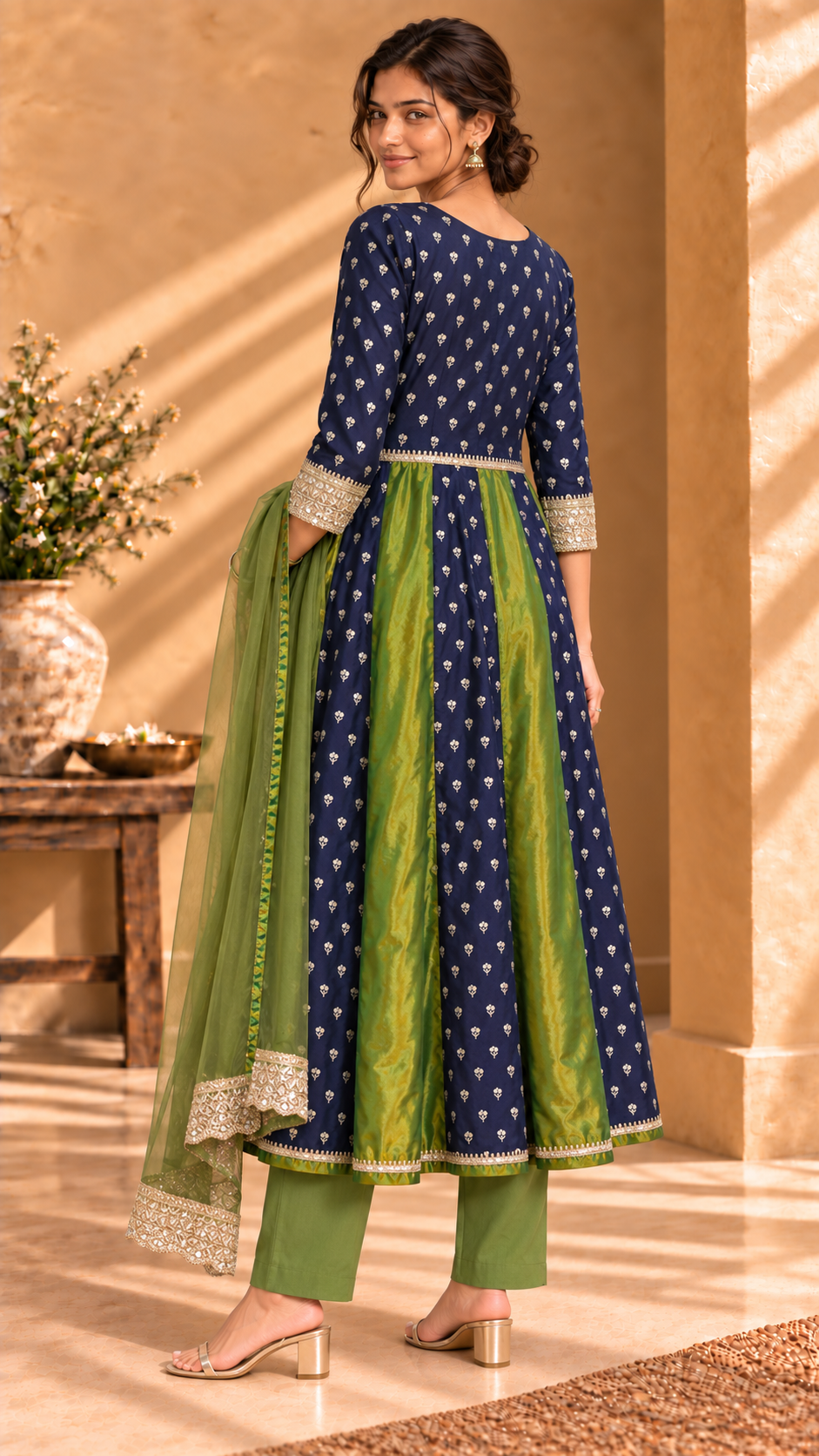 Vayra four-piece silk jacket set - Blue and Mehndi Green