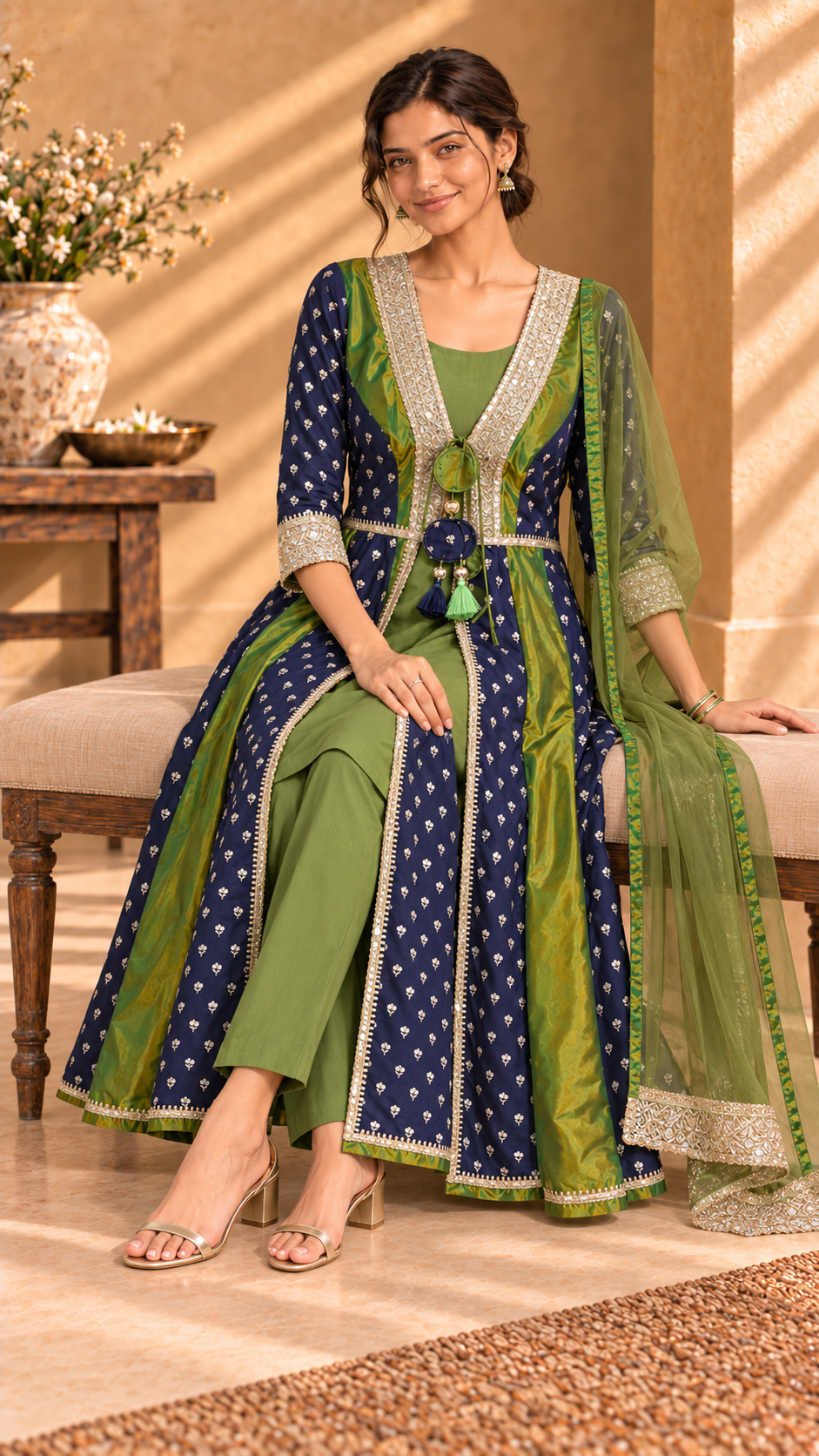 Vayra four-piece silk jacket set - Blue and Mehndi Green detail