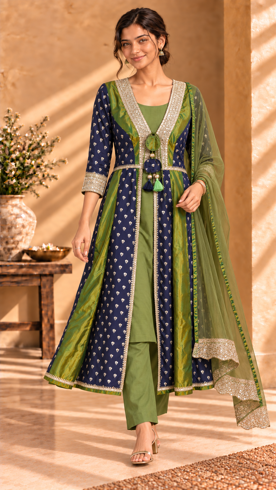 Vayra four-piece silk jacket set - Blue and Mehndi Green back view