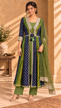 Vayra four-piece silk jacket set - Blue and Mehndi Green front view
