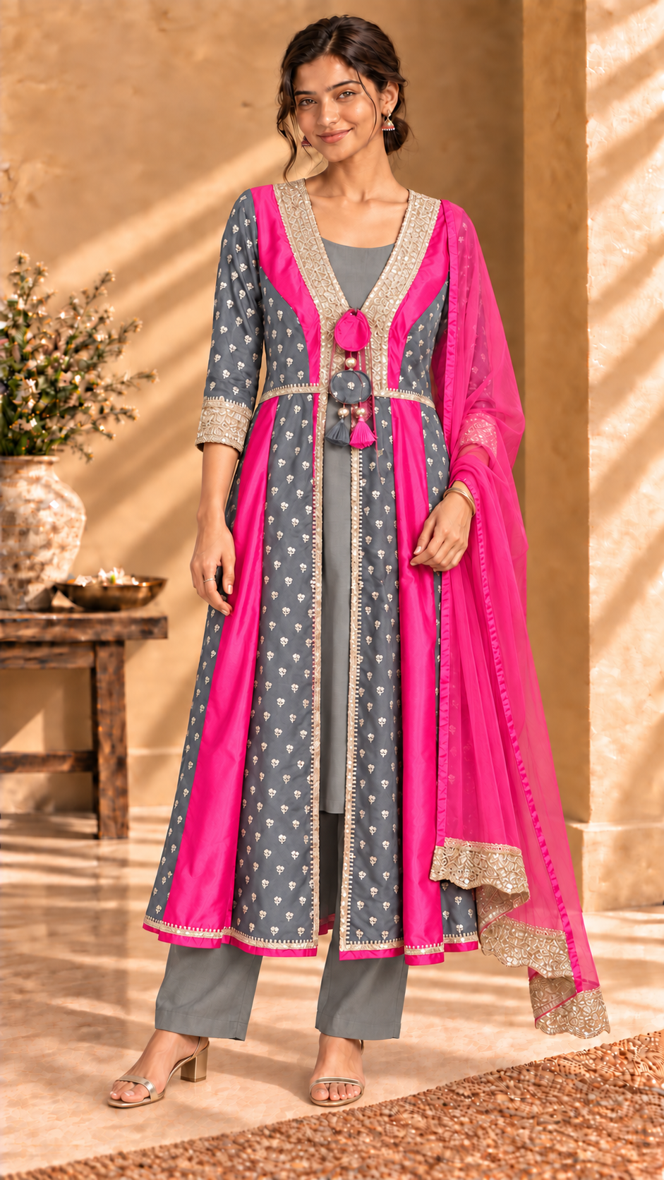 Vayra four-piece silk jacket set - Grey and Pink front view