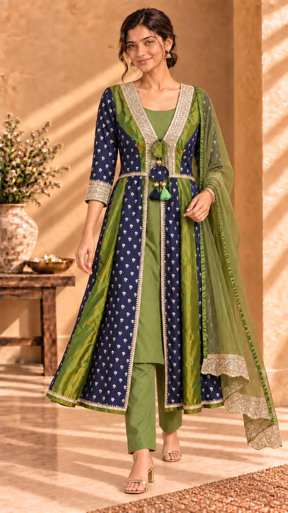 Vayra four-piece silk jacket set - Blue and Mehndi Green side view