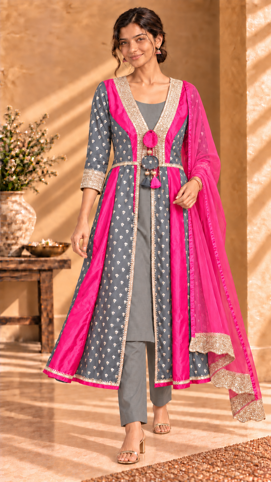 Vayra four-piece silk jacket set - Grey and Pink side view