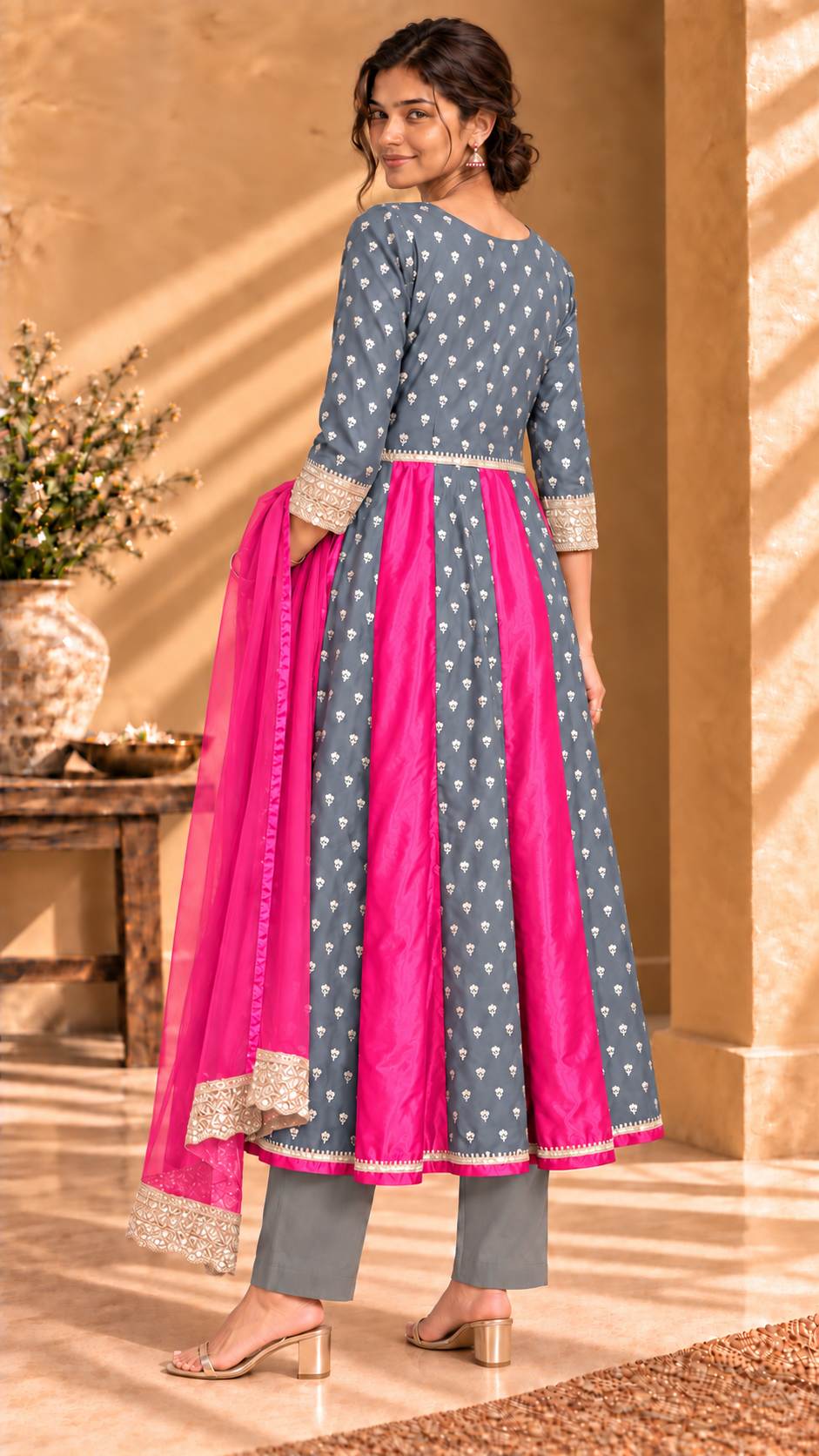 Vayra four-piece silk jacket set - Grey and Pink