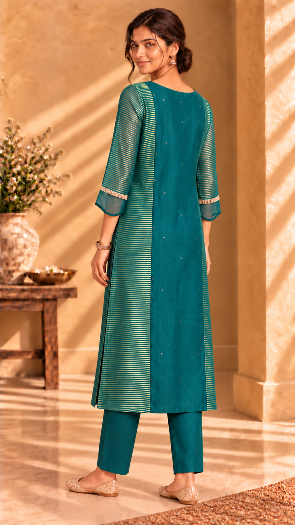 Zareen dark green tissue and Chanderi three-piece set - back view