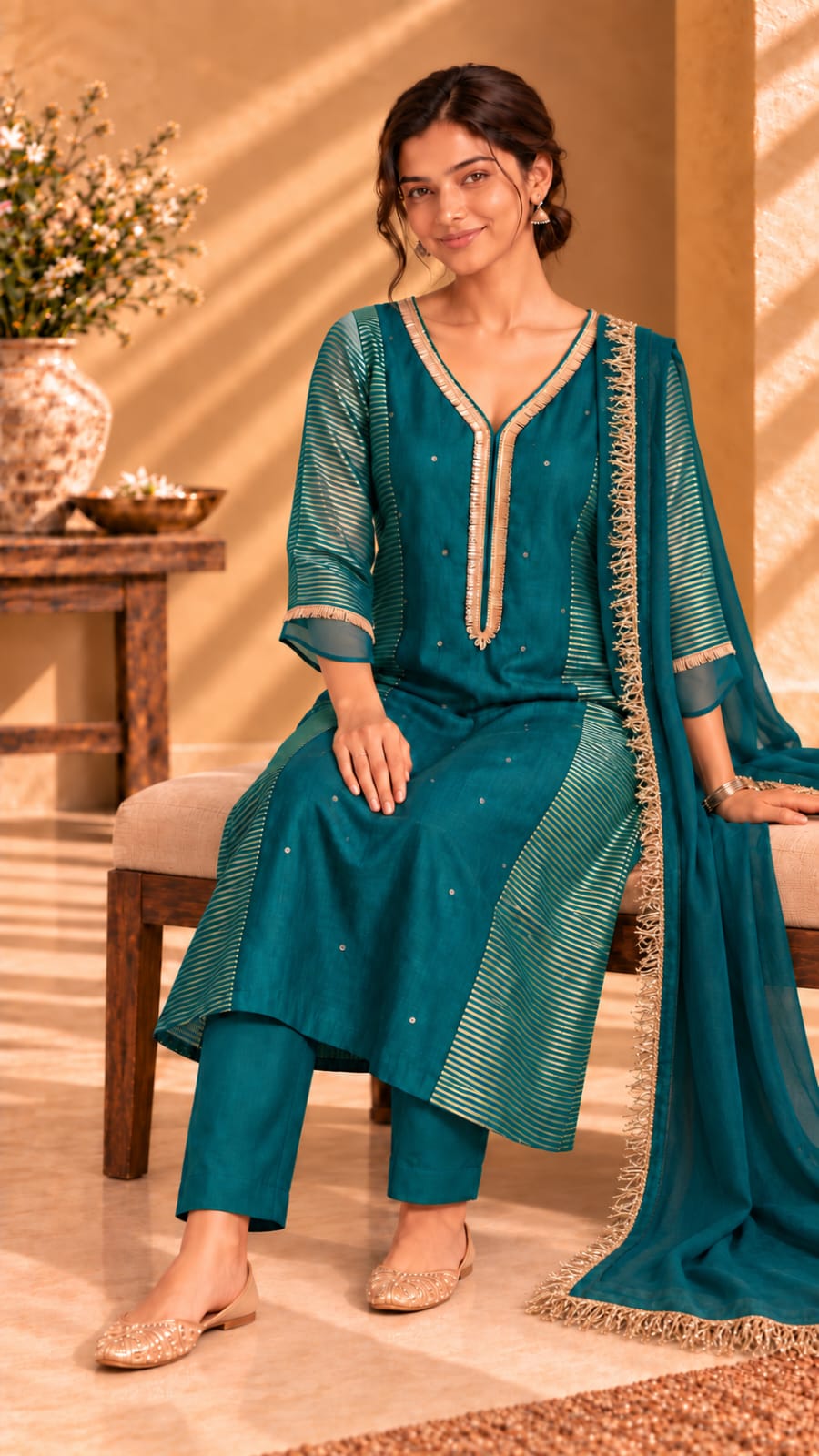 Zareen dark green tissue and Chanderi three-piece set with organza dupatta - featured view