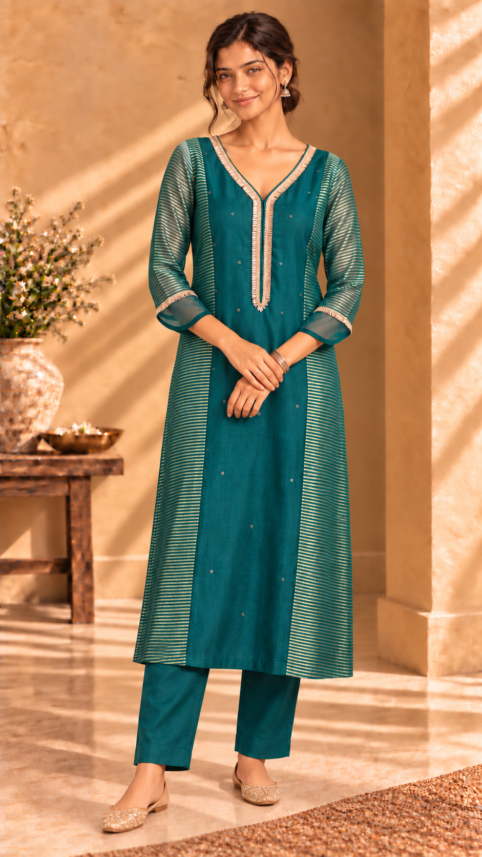Zareen dark green tissue and Chanderi three-piece set - front view