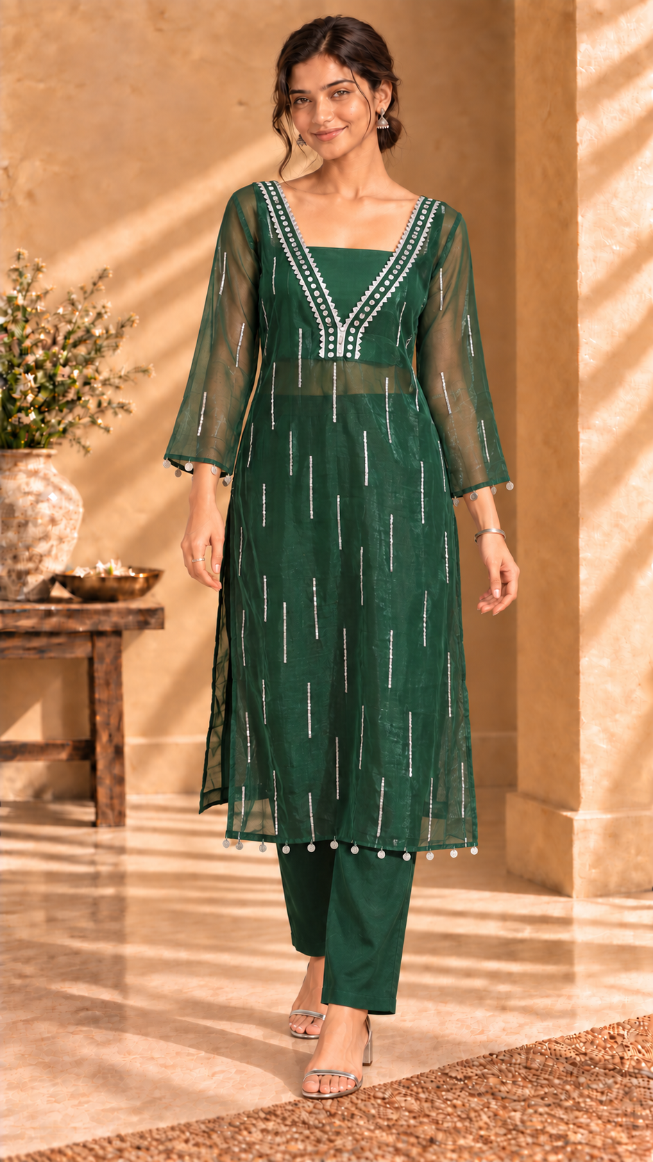 Ziya green organza three-piece set with silver sequin detailing - front view