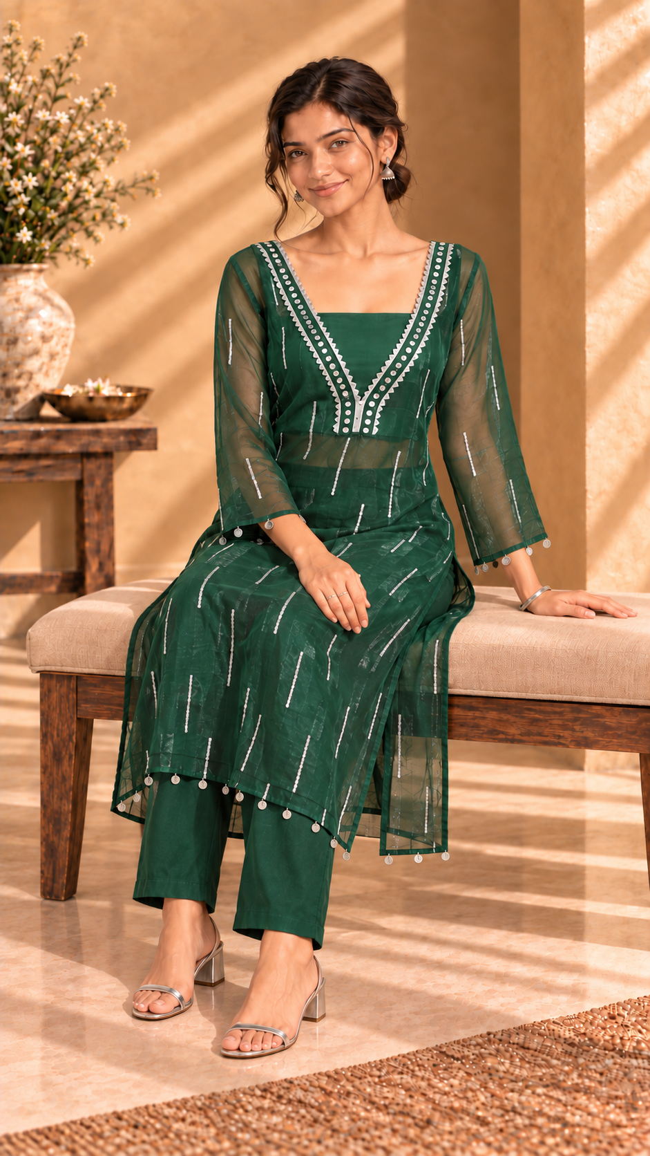 Ziya green organza three-piece set - seated view