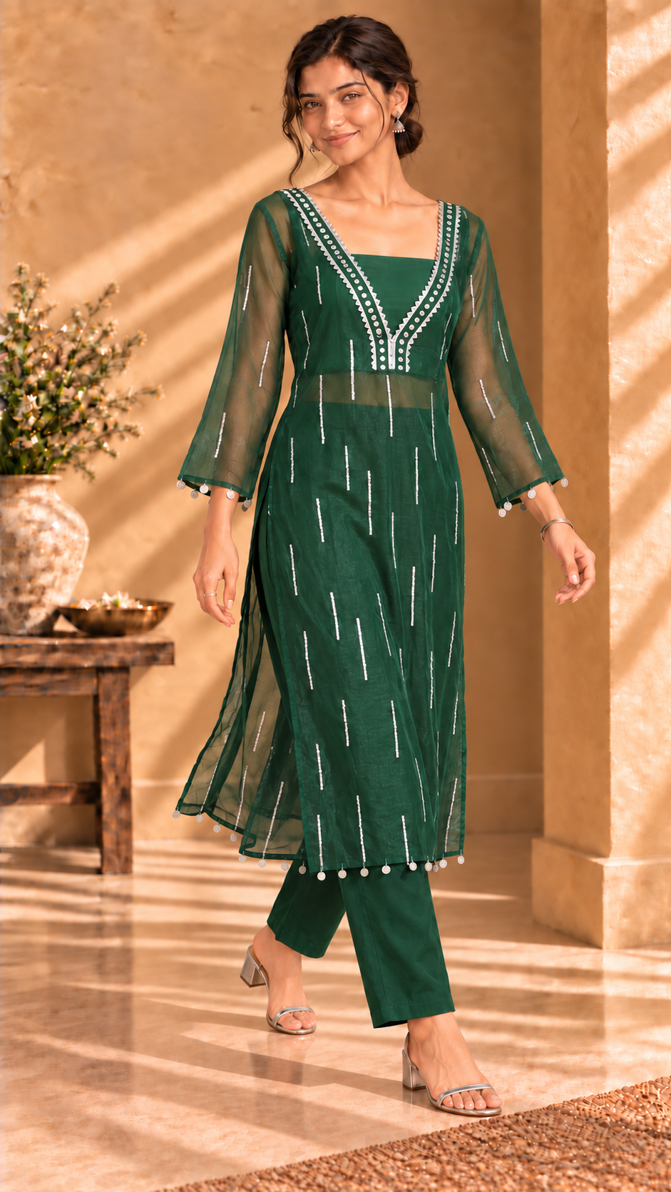 Ziya green organza three-piece set - alternate standing view